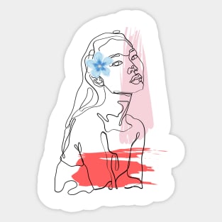 Abstract face with blue flower, minimalistic line drawing Sticker